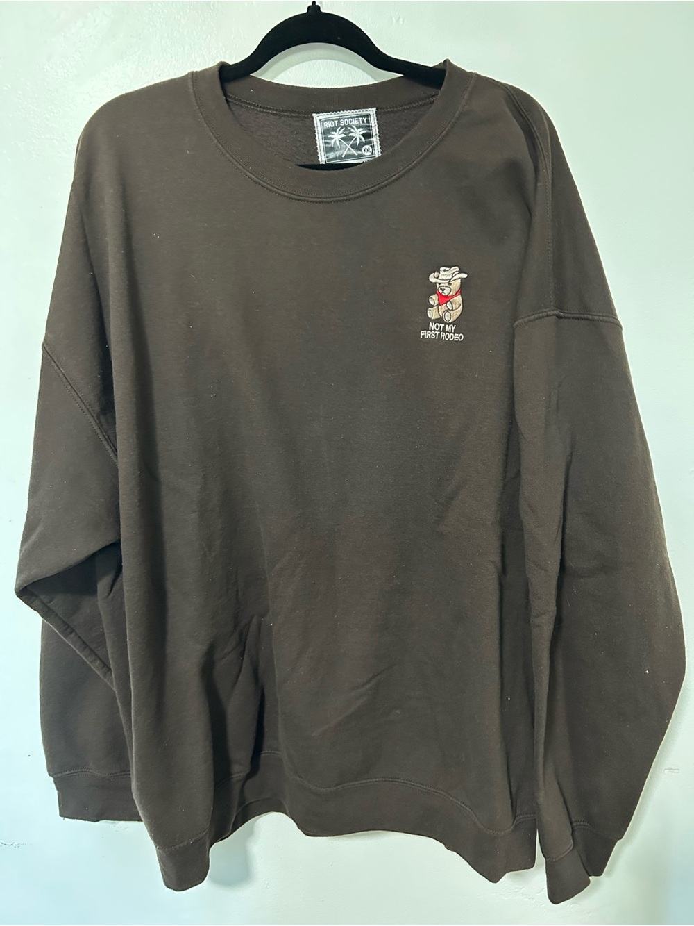 riot society Brown Crewneck Sweater with Embroidered Rodeo Bear